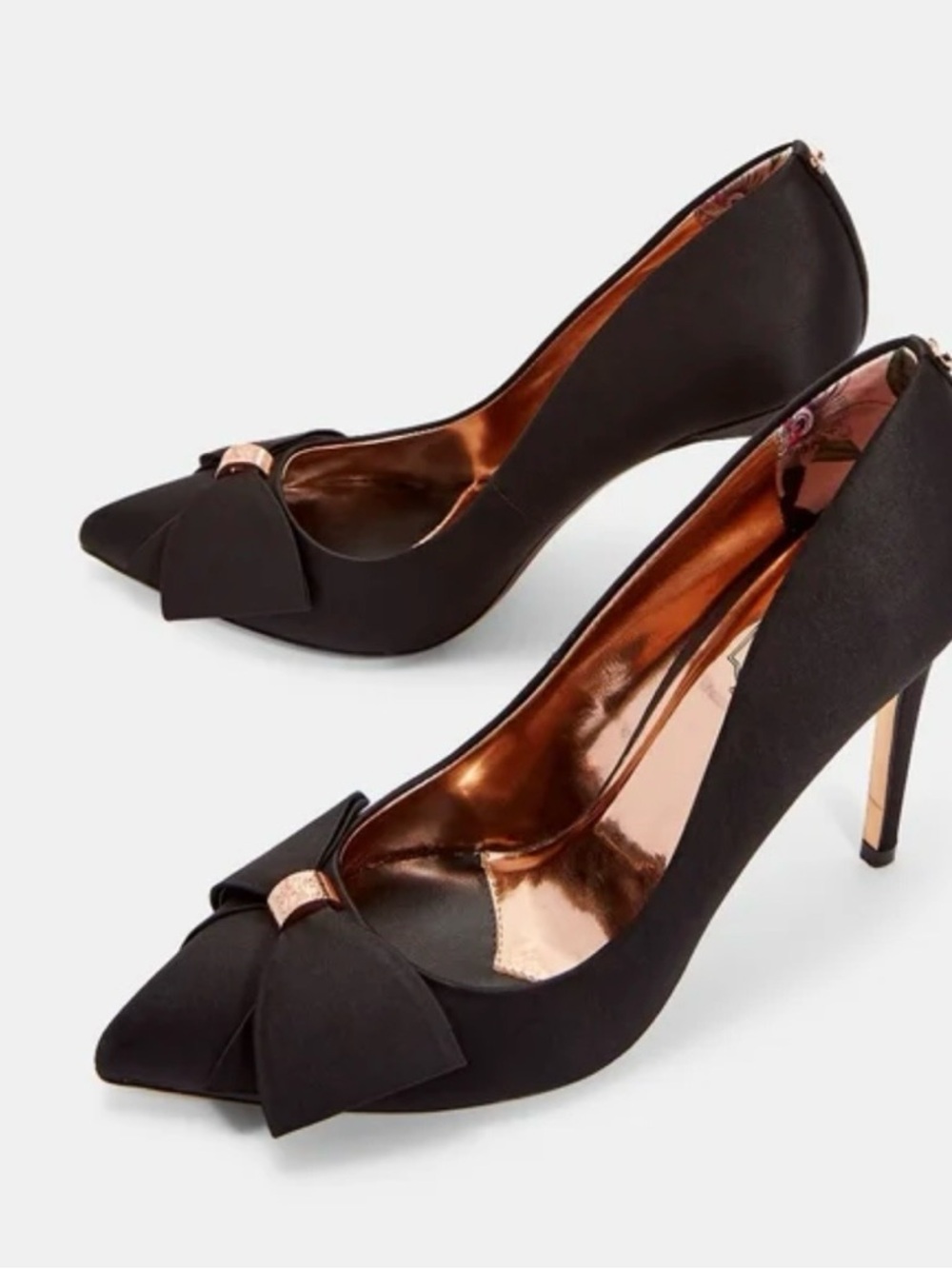 Ted Baker London Black Pointed Bow-Accent Stiletto Pumps with Rose Gold Lining